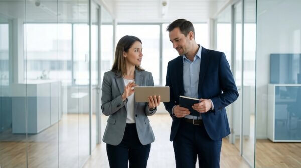 Man and woman walking in office looking at papers discussing how to choose a wealth management partner