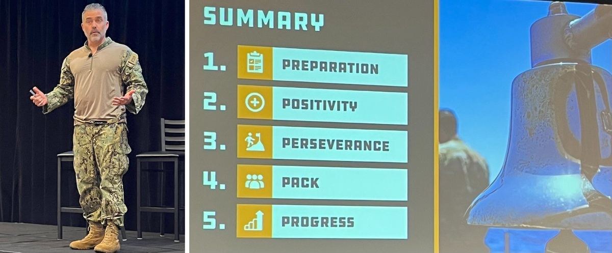 Phillip Koontz on stage and his Five P’s framework: Preparation, Positivity, Perseverance, Pack, Progress